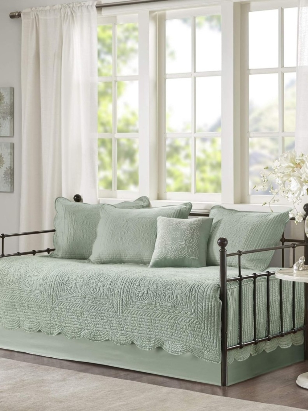 Daybed Coverlet 6 Pcs Set Damask Quilted Seafoam Green for Daybeds, All Seasons
